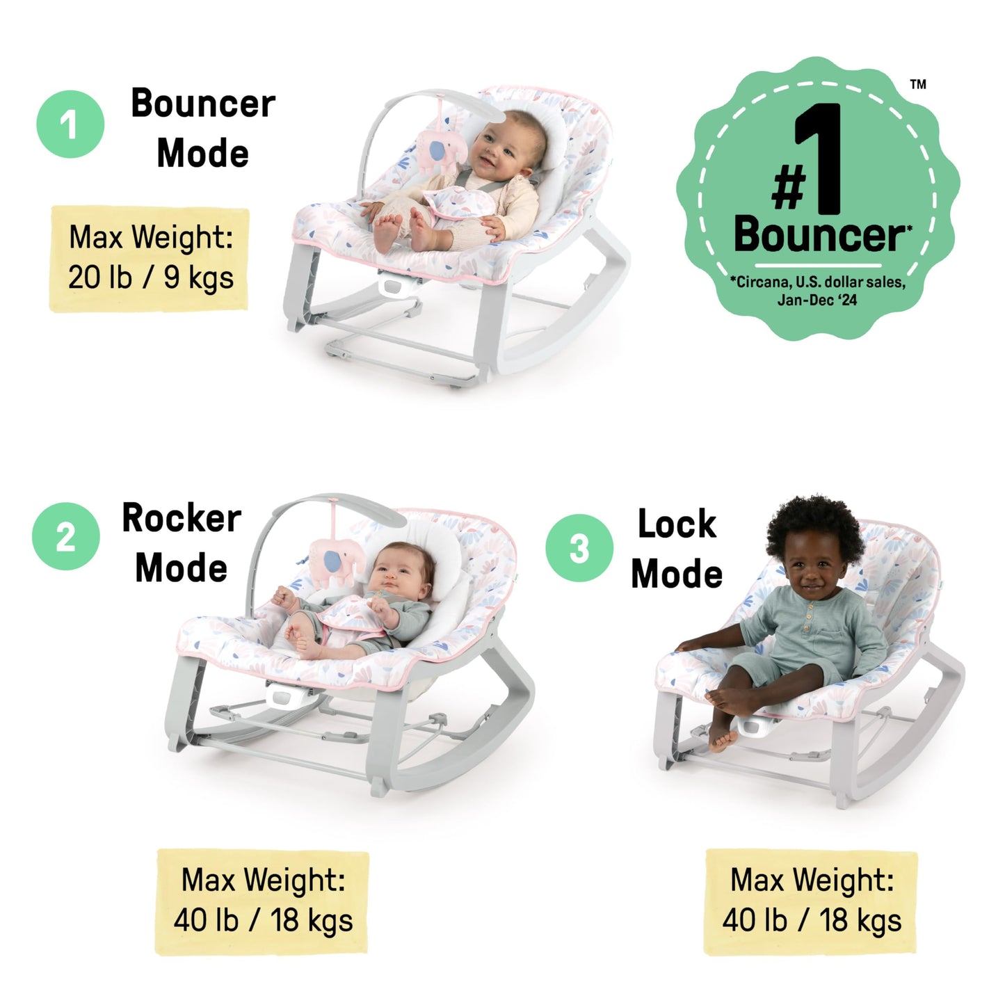 Ingenuity Keep Cozy 3-in-1 Grow with Me Vibrating Baby Bouncer Seat & Infant to Toddler Rocker, Vibrations & Toy Bar, 0-30 Months Up to 40 lbs (Pink Burst) 🍁 All In One Marketplace Canada