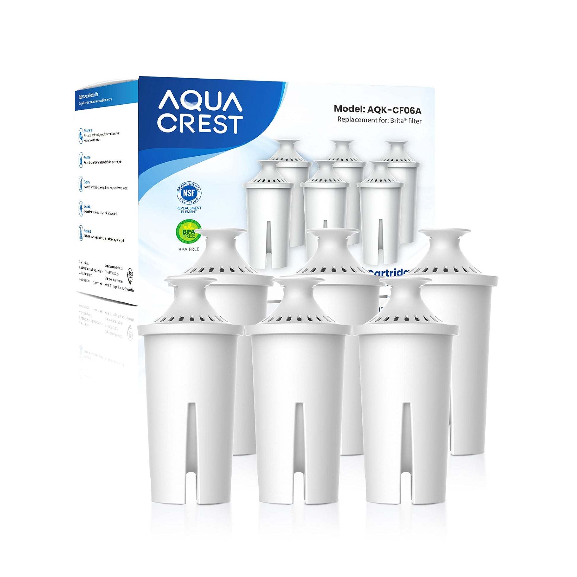 AQUA CREST CF06A Replacement for Brita® Filter, Brita® Water Pitchers and Dispensers, Classic OB03, Mavea® 107007, and More, NSF Certified Pitcher Water Filter, 1 Year Filter Supply, 6 Pack