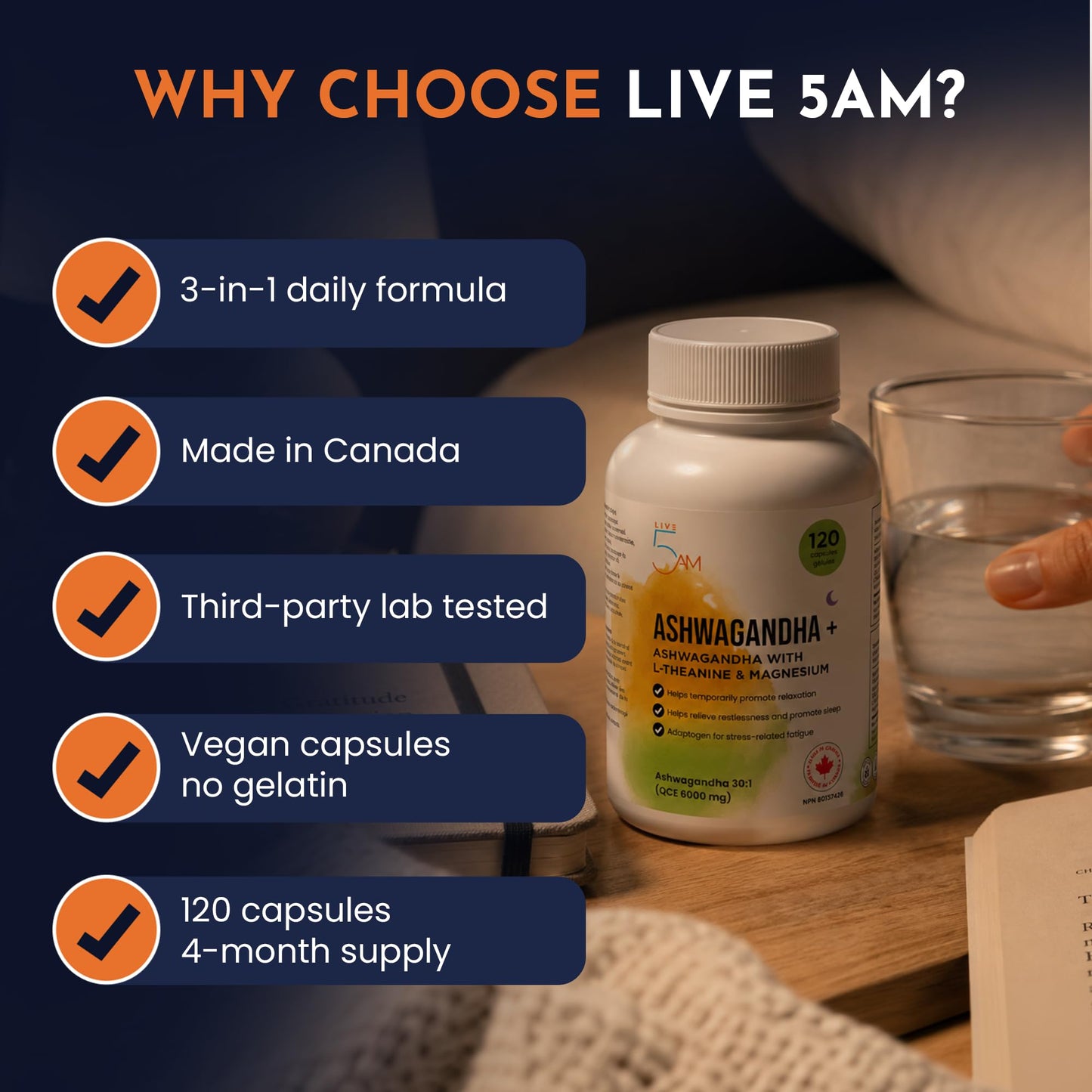 Live 5AM Ashwagandha 6000mg with L-Theanine 200mg, Magnesium Bisglycinate 75mg & Black Pepper Extract - Relaxation, Stress & Restlessness Support - 4 Month Supply, 120 Capsules - Made in Canada - Available at All In One Marketplace Canada