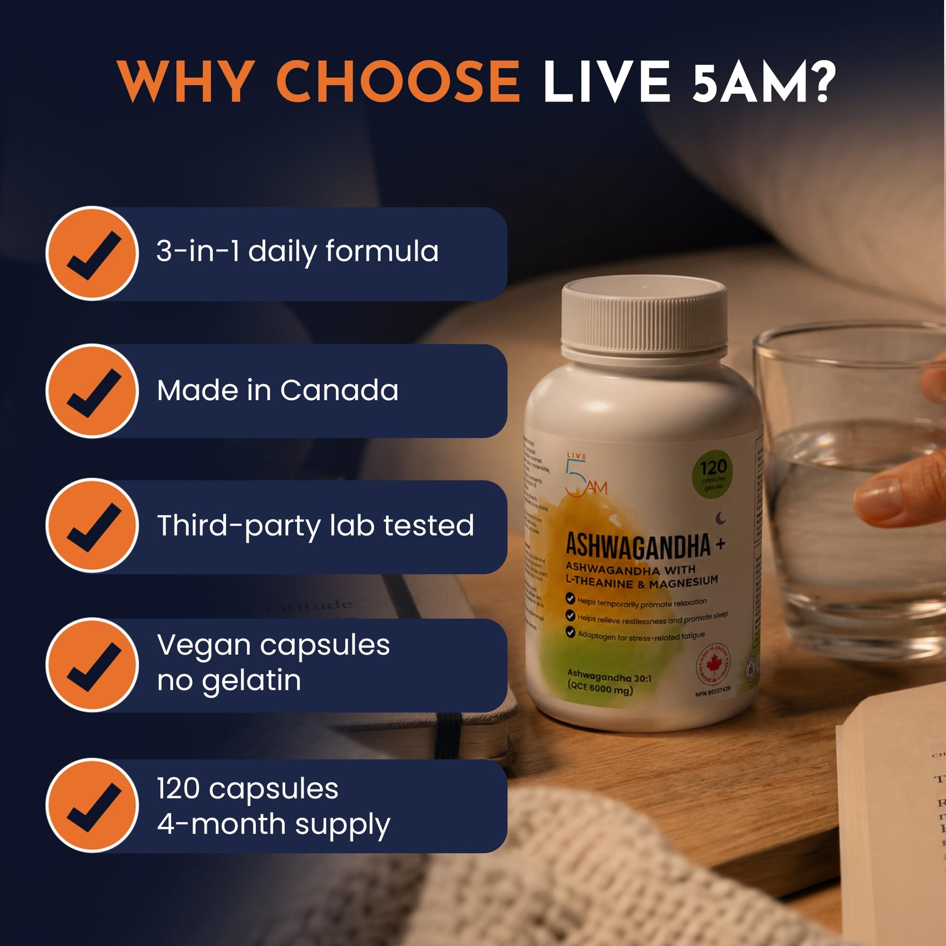 Live 5AM Ashwagandha 6000mg with L-Theanine 200mg, Magnesium Bisglycinate 75mg & Black Pepper Extract - Relaxation, Stress & Restlessness Support - 4 Month Supply, 120 Capsules - Made in Canada - Available at All In One Marketplace Canada
