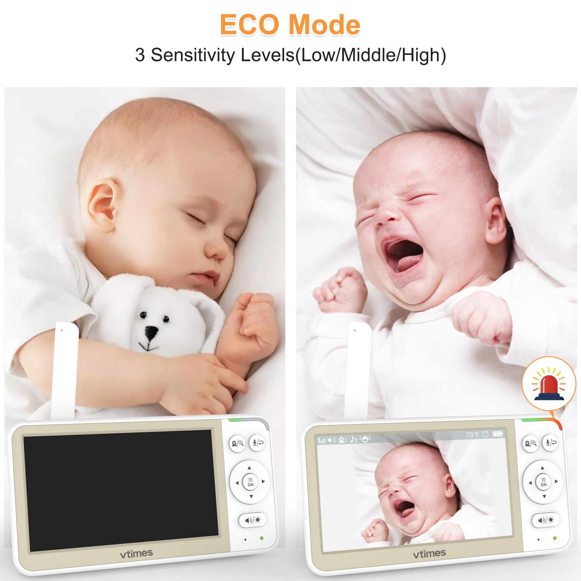 VTimes Baby Monitor No WiFi, 5" Screen Video Baby Monitor with 32Hr Battery, Pan-Tilt-Zoom Camera, VOX Mode, Two-Way Audio, Night Vision, Temperature Display, Lullabies, 1000ft Long Range