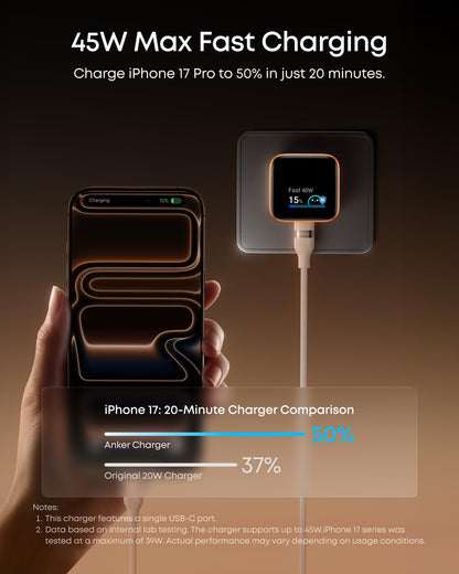 Anker Nano USB C Charger,45W USB C Charger Block with Smart Display,180°Foldable Plug,Smart Recognition,Built-in Care Mode,for iPhone17/16/15 (Non-Battery,One USB-C Port,No Cable Included) - Available at All In One Marketplace Canada