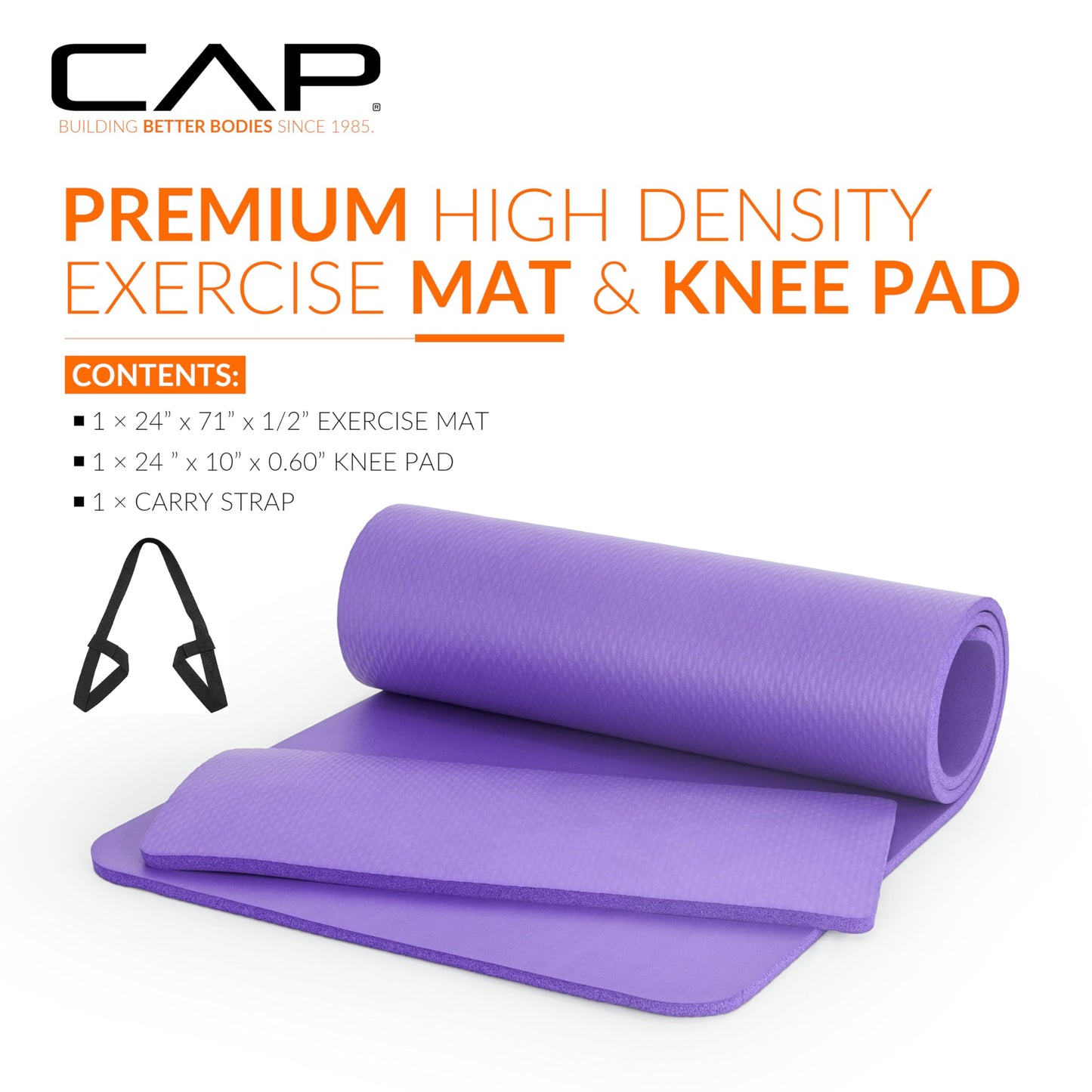 Tapis de Yoga CAP Barbell Haute Densité avec Sangle et Coussinet de Genou 180cmx60cmx1.2cm VIOLET