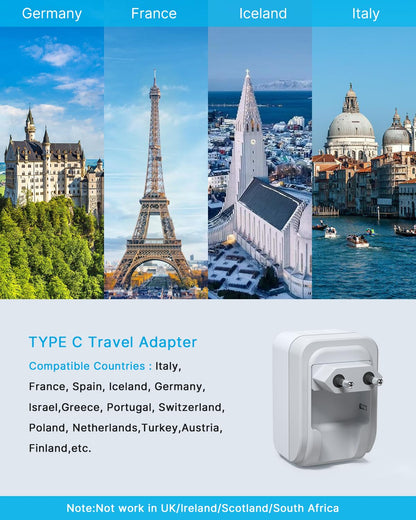 1 Pack European Travel Plug Adapter, VINTAR Foldable International Power Plug with 2 AC Outlets 3 USB Ports(2 USB C), Type C Travel Essentials Charger for Canada to Most of Europe Italy Spain France - Available at All In One Marketplace Canada