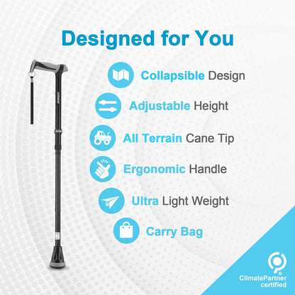 REHAND Walking Cane - Foldable, Adjustable, Collapsible Walking Canes for Men & Women, Heavy Duty All Terrain Tip, with Travel Bag | Walking Sticks for Seniors & Adults (Natural Black) - Available at All In One Marketplace Canada