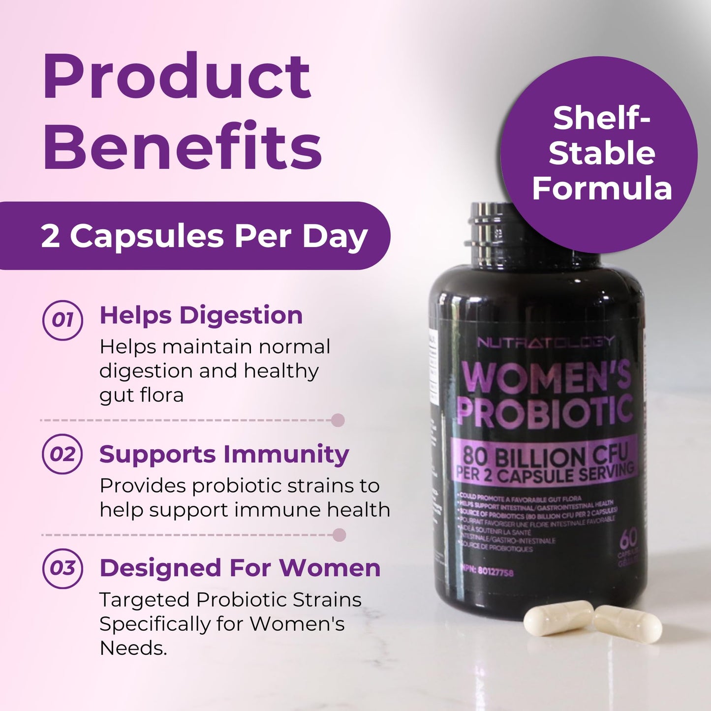 Nutratology® Probiotics for Women | Canadian-Made | 40 Billion CFUs per Capsule | Bloating Relief & Digestion | 4 Strains of Women's Probiotic for Gut Health | 60 Capsules
