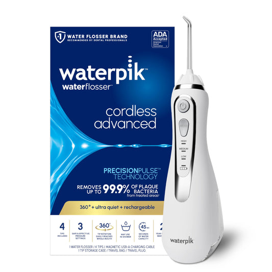 Waterpik Cordless Advanced 2.0 Water Flosser for Teeth, Gums, Braces, Dental Care with Travel Bag & 4 Tips, CDA Validated, Waterproof Rechargeable Handheld, White (1 Count) Gift for Men Women Mom Dad - Available at All In One Marketplace Canada