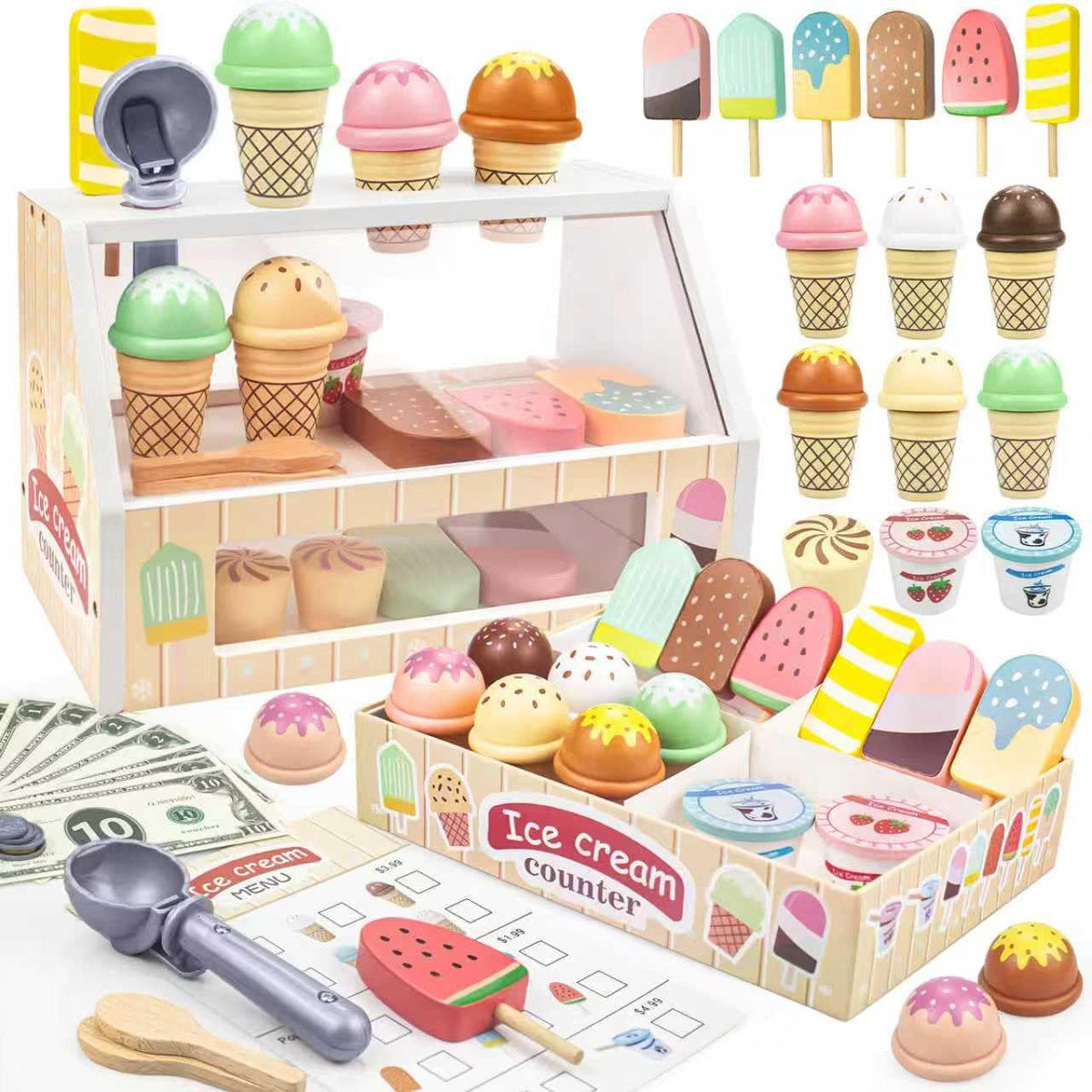 Wooden Ice Cream Toys Kids Pretend Play Store Toys for Toddlers Girls 3-5, Play Kitchen Accessories with Counter & Menu, Wooden Food Christmas Birthday Gifts for 3 4 5 Year Old Girls Boys 🍁 All In One Marketplace Canada
