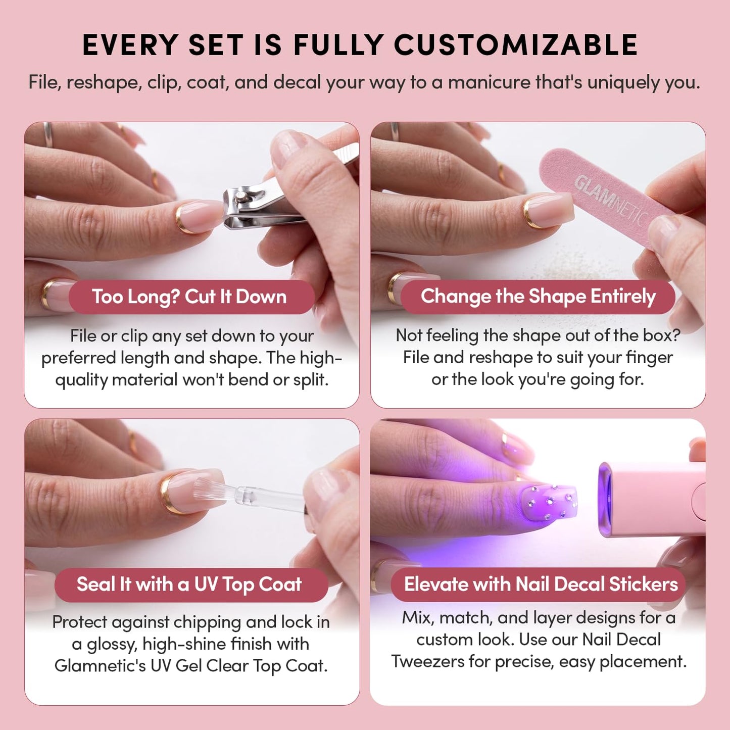 Glamnetic Press On Nails - Ma Damn | French Tip Nails, UV Finish Short Pointed Almond Shape, Reusable Semi-Transparent Nails in 12 Sizes - 24 Nail Kit with Glue - Available at All In One Marketplace Canada