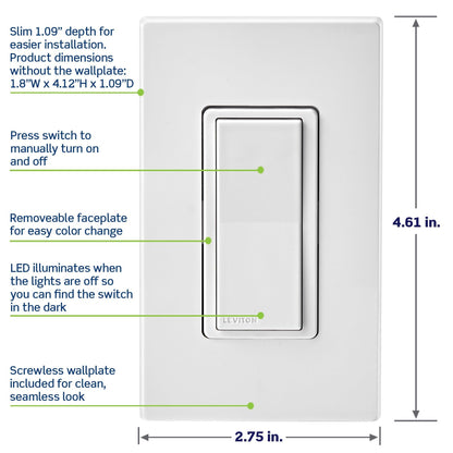 Leviton Decora Smart Switch, Wi-Fi, Works with Matter, Alexa, Google Assistant, Apple Home/Siri & Wired or Wirefree 3-Way, Neutral Wire Required, D315S-1RW, White