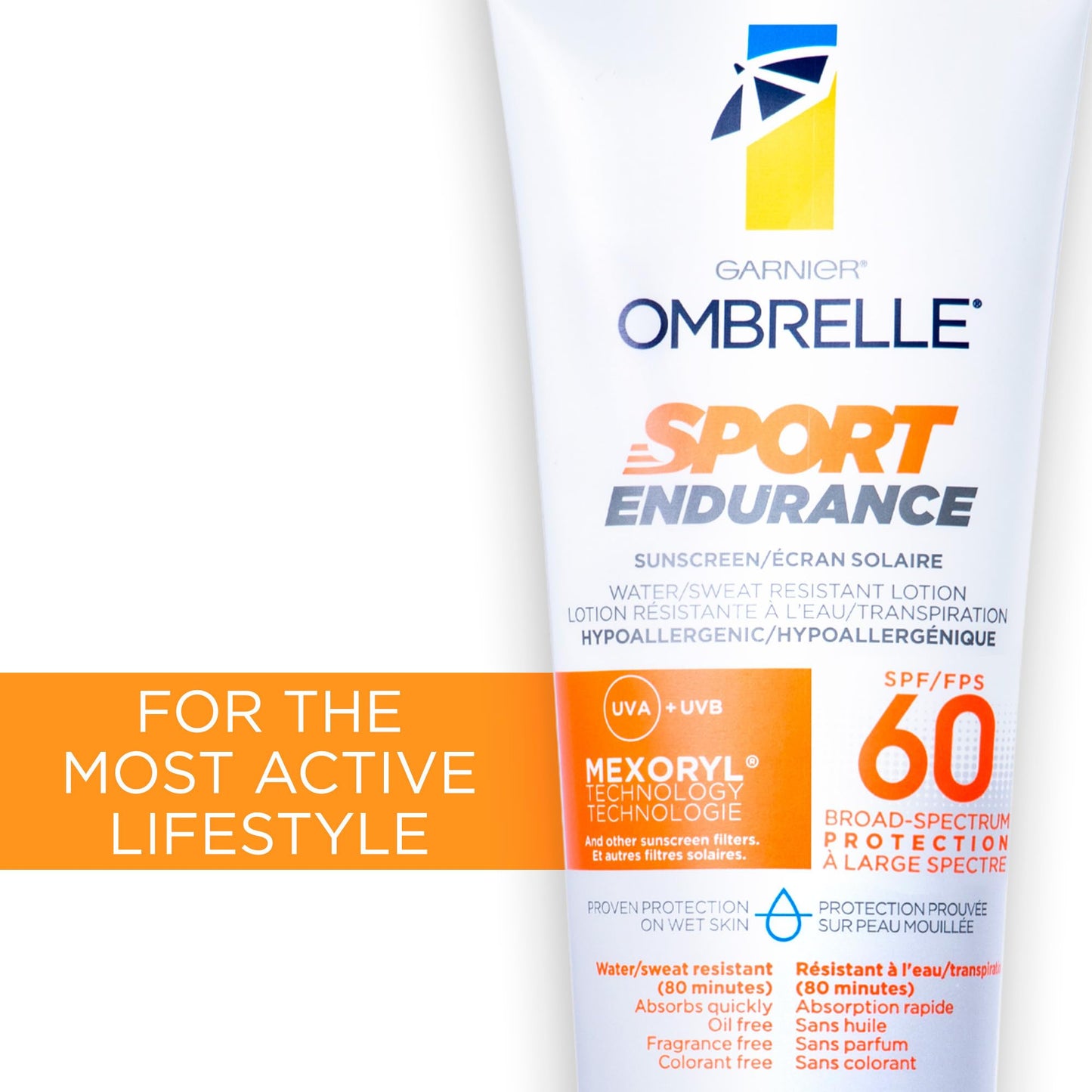 Garnier Ombrelle Sport Endurance Sunscreen Lotion, SPF 60, Body Sunscreen, Broad Spectrum UVA & UVB Sun Protection, Suitable for Sensitive Skin, Water and Sweat Resistant, Non-Greasy, 231ml