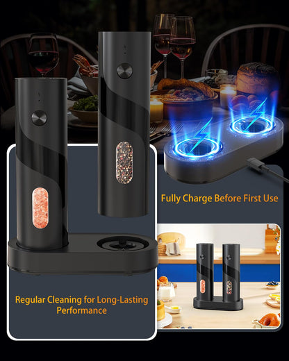 CIRCLE JOY Electric Salt and Pepper Grinder Set with Charging Base, Rechargeable Automatic Pepper Mill Grinder with Adjustable Coarseness, Easy Filling 110ml Large Capacity with Led for Home Kitchen - Available at All In One Marketplace Canada