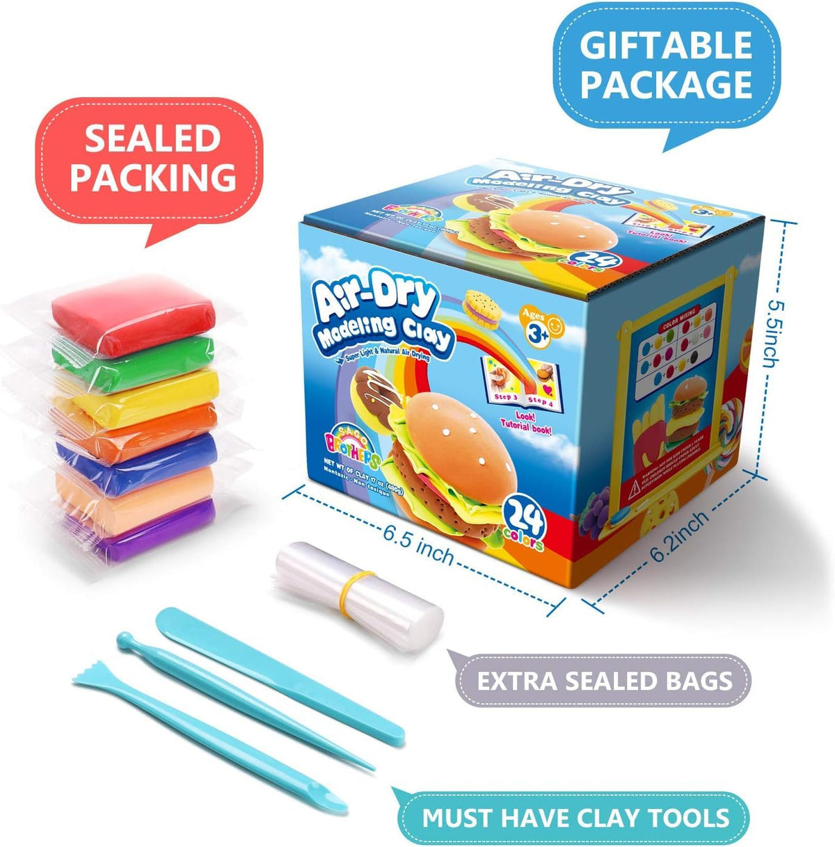 Sago Brothers 24 Colors Modeling Clay for Kids with 3 Tools & Tutorial Book 🍁 All In One Marketplace Canada