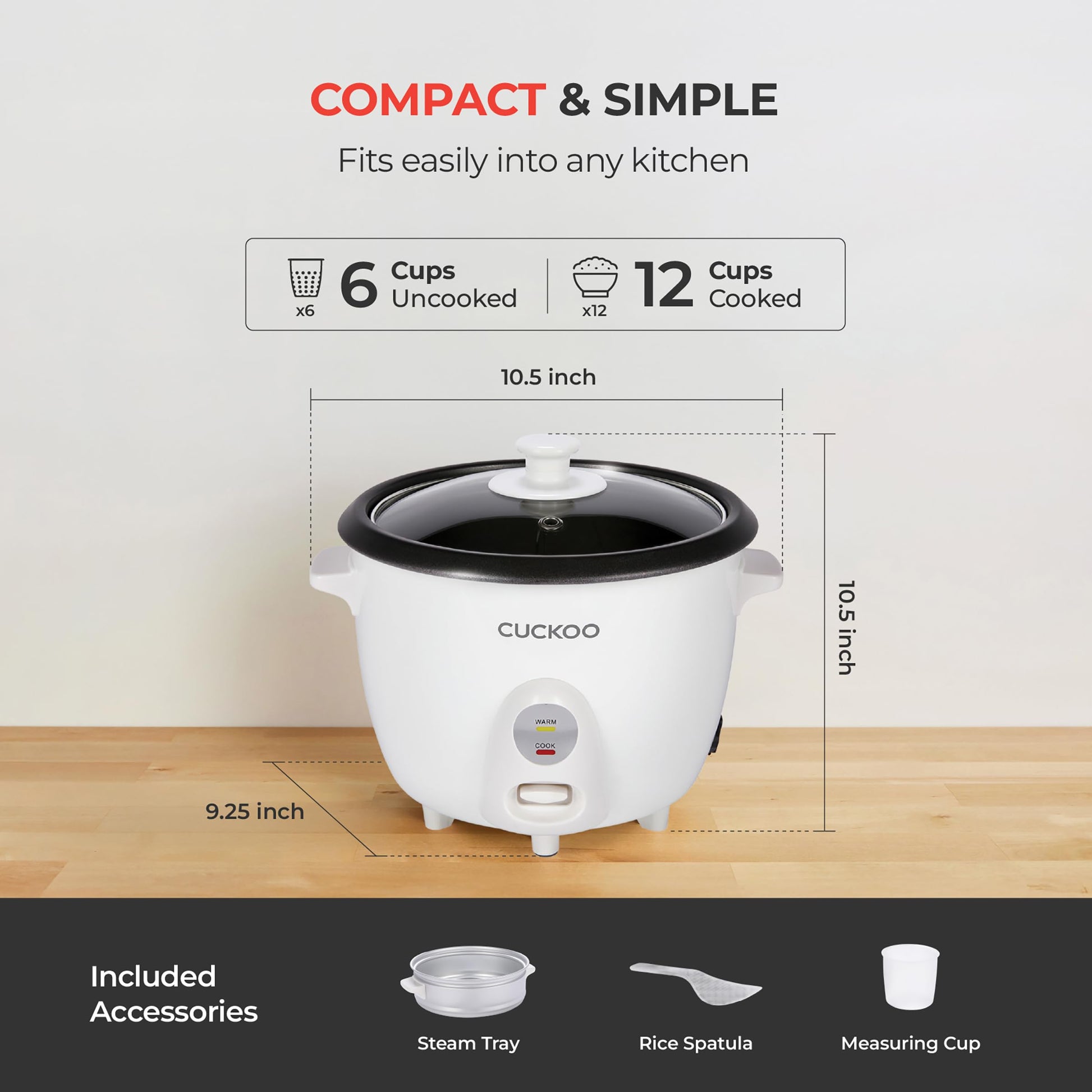 CUCKOO One Touch Rice Cooker 6-Cup (Uncooked) / 12-Cup (Cooked), Small Rice Cooker & Warmer with Steamer Tray, Versatile Grain Cooker, Soup Maker, Auto Keep Warm, White (CR-0601C) CUCKOO