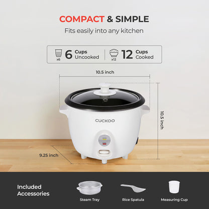 CUCKOO One Touch Rice Cooker 6-Cup (Uncooked) / 12-Cup (Cooked), Small Rice Cooker & Warmer with Steamer Tray, Versatile Grain Cooker, Soup Maker, Auto Keep Warm, White (CR-0601C) CUCKOO