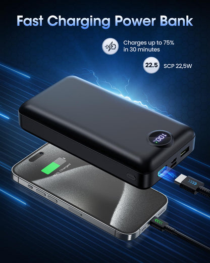 Power Bank Fast Charging 50000mAh 22.5W Portable Charger USB C Quick Charge with 3 Outputs & 2 Inputs LED Display Huge Capacity External Battery Pack for iPhone, Samsung, iPad etc