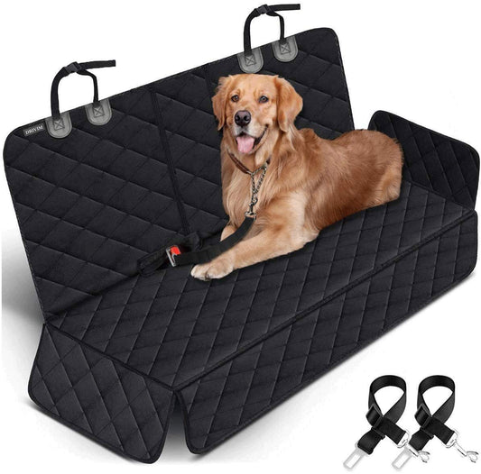 Portin Dog Car Seat Covers Pet Seat Cover, Waterproof Nonslip Bench Rear Seat Cover Compatible for Middle Seat Belt Fits Most Cars Trucks and SUVs MPVs (Black-Standard Size, 53in Wide)