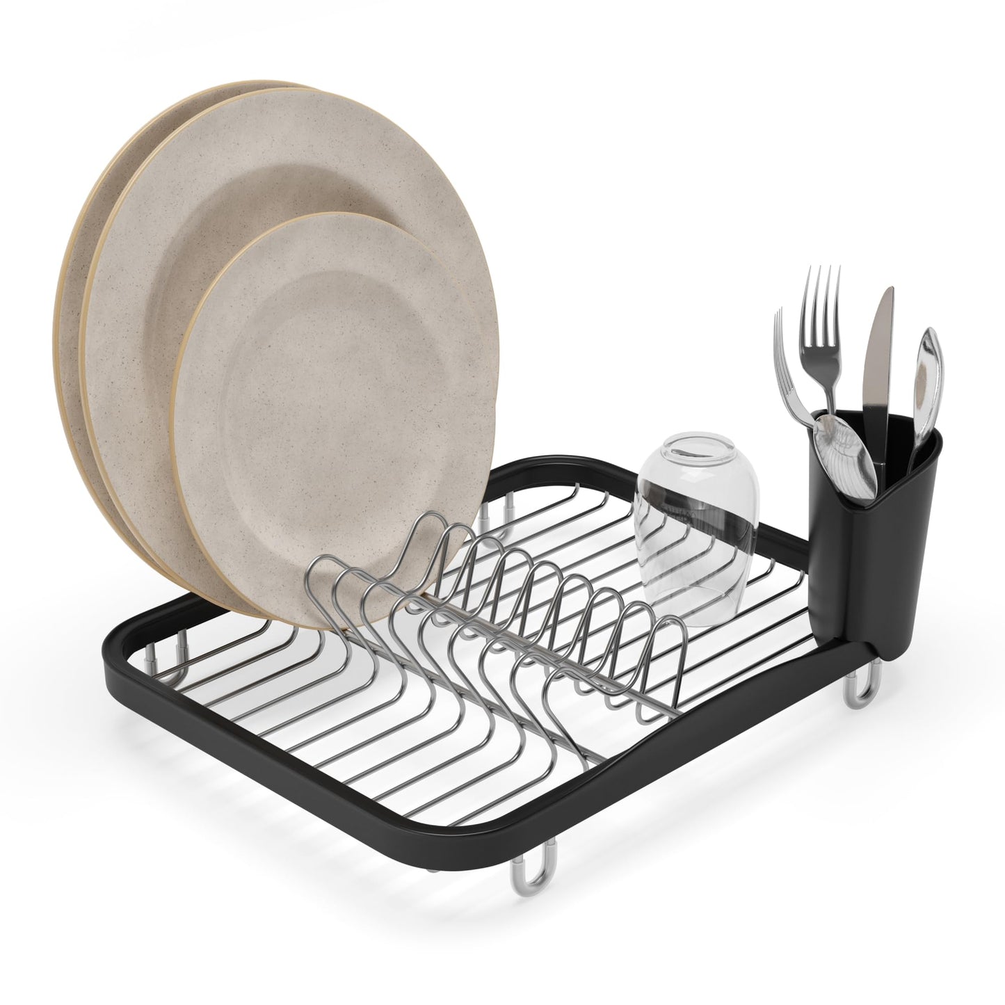 Umbra Sinkin Dish Drying Rack – Drainer Caddy with Removable Cutlery Holder – Use in Sink or On Counter, Standard, Black/Nickel Umbra