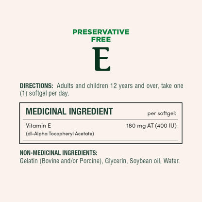 NATURE'S BOUNTY Vitamin E, 400 IU, Antioxidant, Preservative Free, 200 Softgels, 134 g - Available at All In One Marketplace Canada