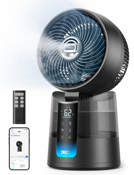 DREO TurboCool Misting Fan 516S, 150°+30°Omni-directional Oscillating Cooling Desk Fans that Blow Cold Air, 26 ft/s,Evaporative Air Cooler, 20dB, 6 Speeds 2 Modes, Remote & APP, RGB, Indoor, Grey - Available at All In One Marketplace Canada