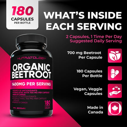Nutratology® Organic Beetroot Capsules | 1400mg per Daily Serving | 180 Capsules | Canadian Made | Source of Antioxidants | Organic Beet Root Powder - Available at All In One Marketplace Canada