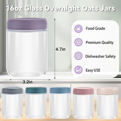 16 OZ Overnight Oats Jar,6 Pack Glass Jar with Lid and Spoon,Reusable Wide Mouth Mason jars for Overnight Oats,Yogurt Snacks Fruit, Salad Dressing, Sauce,Cereal-Leak Proof(500 ml) - Available at All In One Marketplace Canada