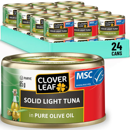 Clover Leaf Solid Light Tuna in Pure Olive Oil – 15g Protein Per Serving – Wild Caught, No Preservatives – 85g Can (24-Pack)