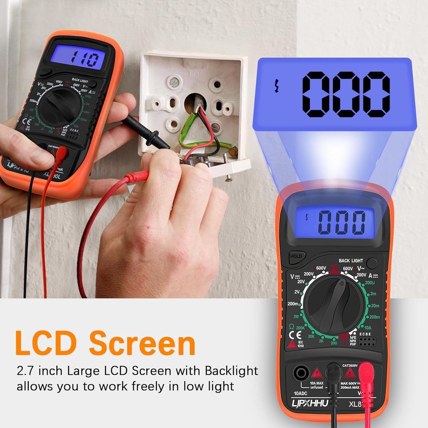 Digital Multimeter Voltmeter Battery Voltage Multi Tester AC DC Volt OHM Amp Current Meter Circuit Continuity Resistance Diode Electrical Tester with Test Leads Backlight LCD Display