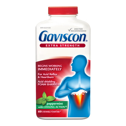 Gaviscon Extra Strength Tablets - 60 Count - Chewable Foaming Antacid Tablets for Day and Night Heartburn Relief, Acid Reflux and GERD Relief, Cooling & Refreshing Peppermint - Free of Aluminum, Lactose and Gluten 🍁 All In One Marketplace Canada