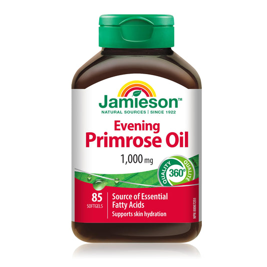 Jamieson Evening Primrose Oil 1,000 mg, Omega-6, Supports Skin Hydration, Skin Smoothness, Reduces Acne Symptoms, and Provides Ezcema Symptom Support. Non-GMO, Gluten-Free, 85 Softgels, Proudly Canadian - Available at All In One Marketplace Canada