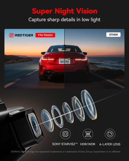 REDTIGER 4K Dash Cam Front and Rear, STARVIS 2 Sensor, Touch Screen 3.18", Voice Control, 20MB/s 5.8GHz WiFi 6 Car DashCam with 128GB Card, GPS, Night Vision, Emergency Lock, Parking Mode(F7N Touch)