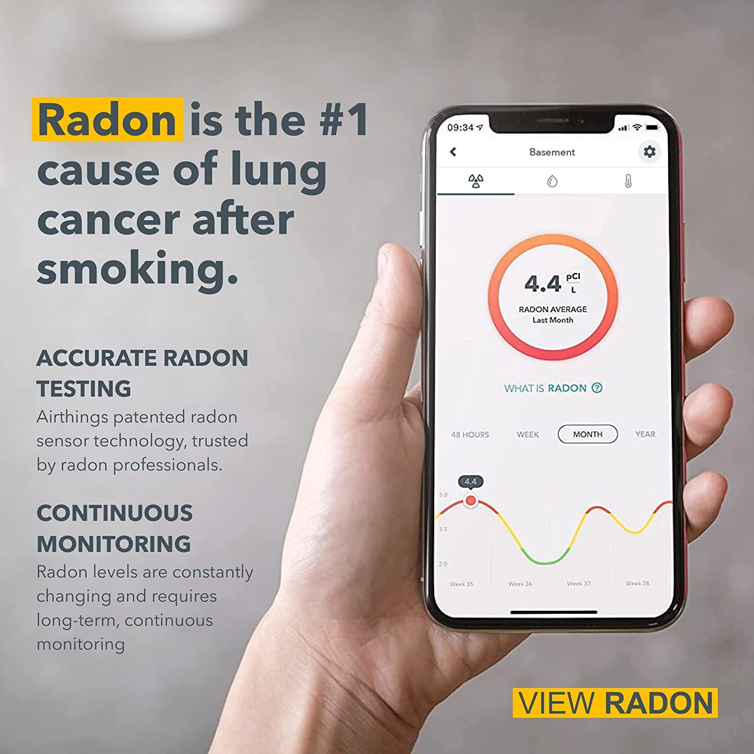 Airthings View Radon 2989 - Radon Monitor (Radon, Humidity, Temp) with WiFi & Calm Tech Display AIRTHINGS