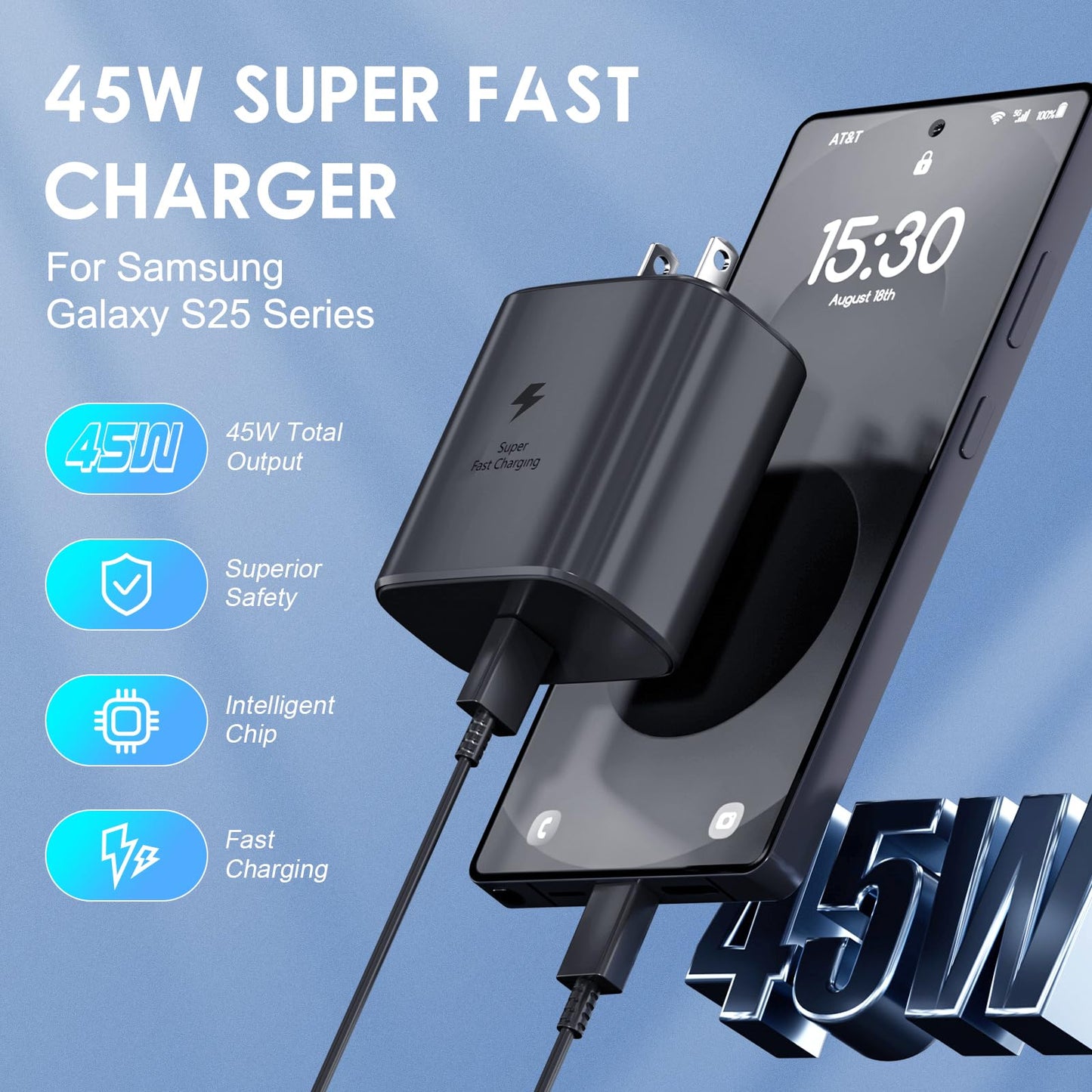 Samsung Super Fast Charger, 45W USB-C Super Fast Charging Wall Charger & 10ft C Cable for Samsung Galaxy S26 Ultra/S26/S26+/S25 Ultra/S25/S25+/S24 Ultra/S24/S24+/S23 Ultra/S23/S23+/S22/Note10/20 - Available at All In One Marketplace Canada