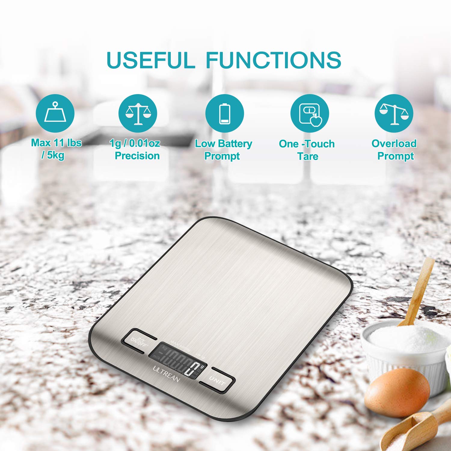 Ultrean Food Scale, Digital Kitchen Scale Weight Grams and Ounces for Baking and Cooking, 6 Units with Tare Function, 5kg/11lb (Batteries Included) - Available at All In One Marketplace Canada