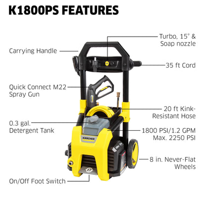 Kärcher K1800PS Max 2250 PSI Electric Pressure Washer with 3 Spray Nozzles - Great for Cleaning Cars, Siding, Driveways, Fencing and More - 1.2 GPM KÄRCHER