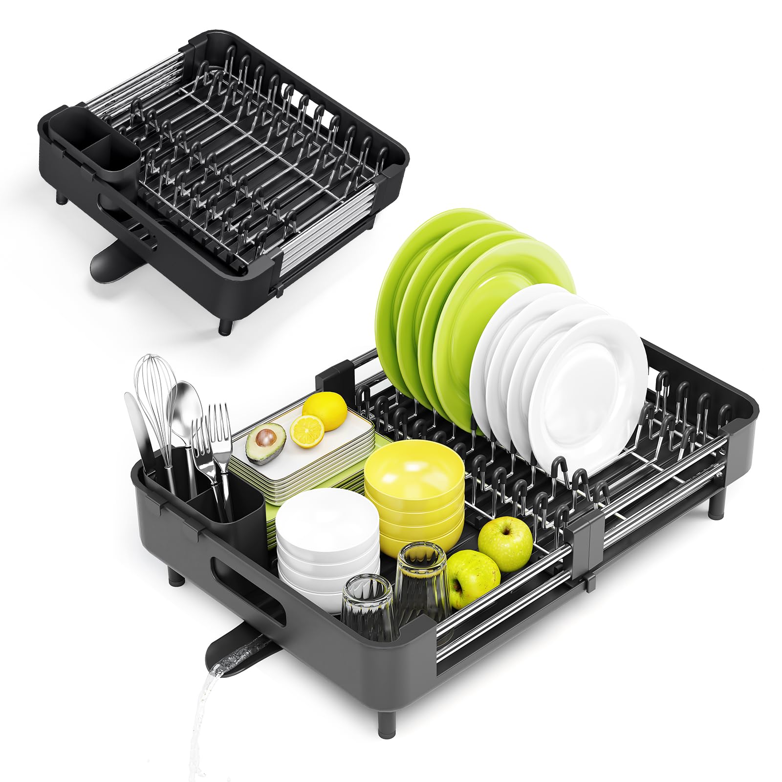 Urackify Extendable Dish Drying Rack, Dual Part Dish Drainers with Non-Scratch and Movable Cutlery Drainer and Drainage Spout, Adjustable Dish Rack for Kitchen,Black - Available at All In One Marketplace Canada