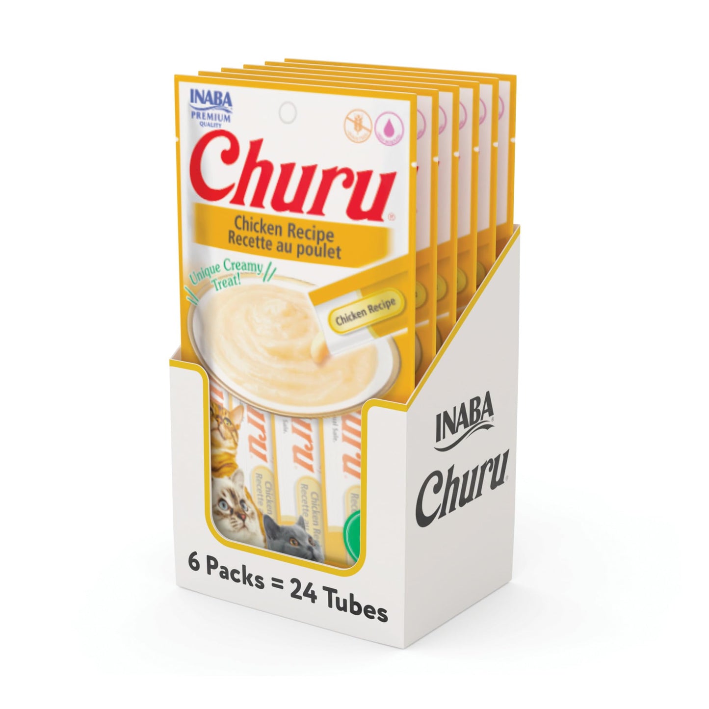INABA Churu Cat Treats, Lickable, Squeezable Creamy Purée Cat Treat with Green Tea Extract & Taurine, 14 Grams Each Tube, 24 Tubes (4 per Pack), Chicken Recipe 🍁 All In One Marketplace Canada