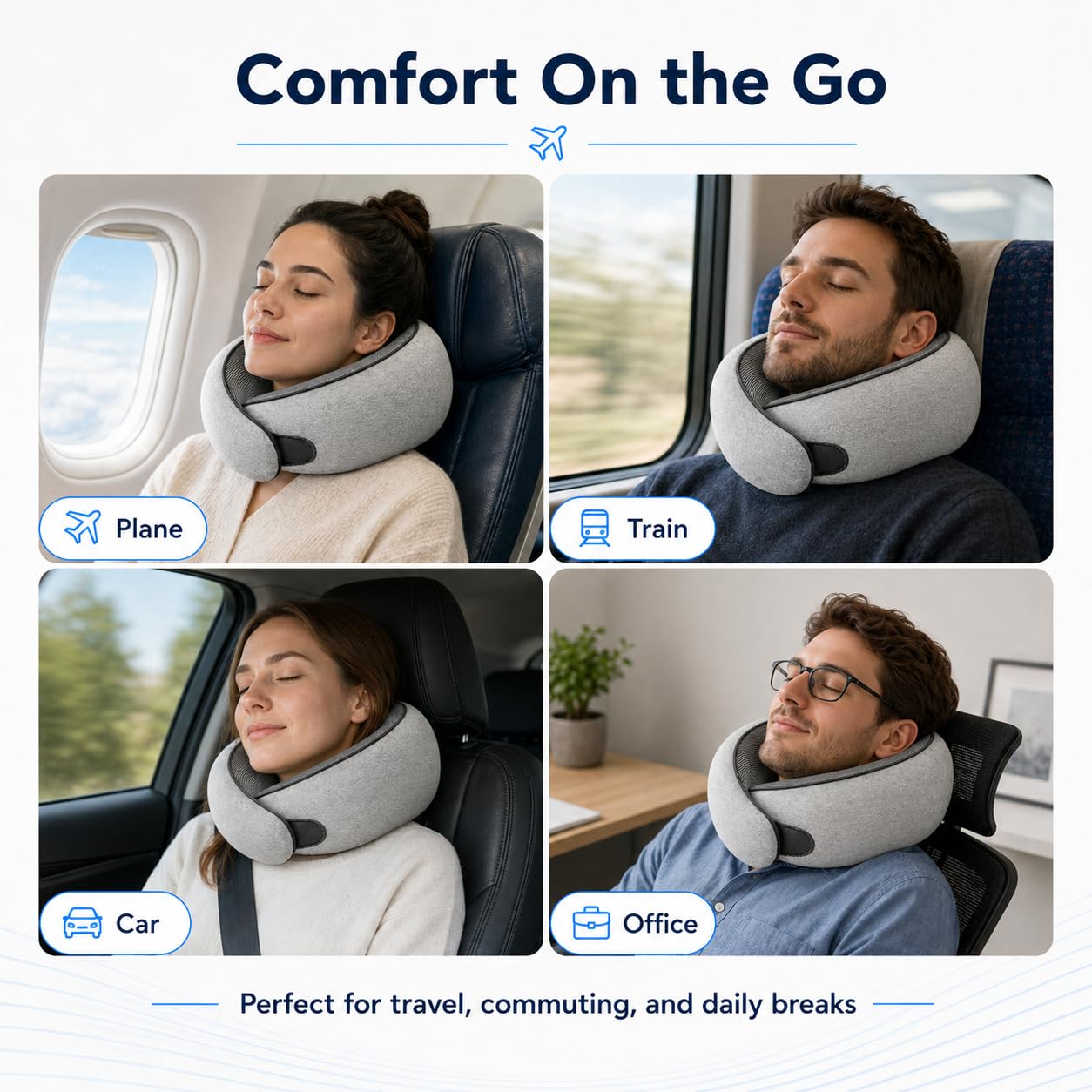 Purroch Neck Pillow Airplane, Travel Pillow with Eye Mask & Earplugs, Memory Foam Pillow with Adjustable Velcro Strap, Pillows for Travel, Plane, Car, Home, Work, Light Grey - Available at All In One Marketplace Canada