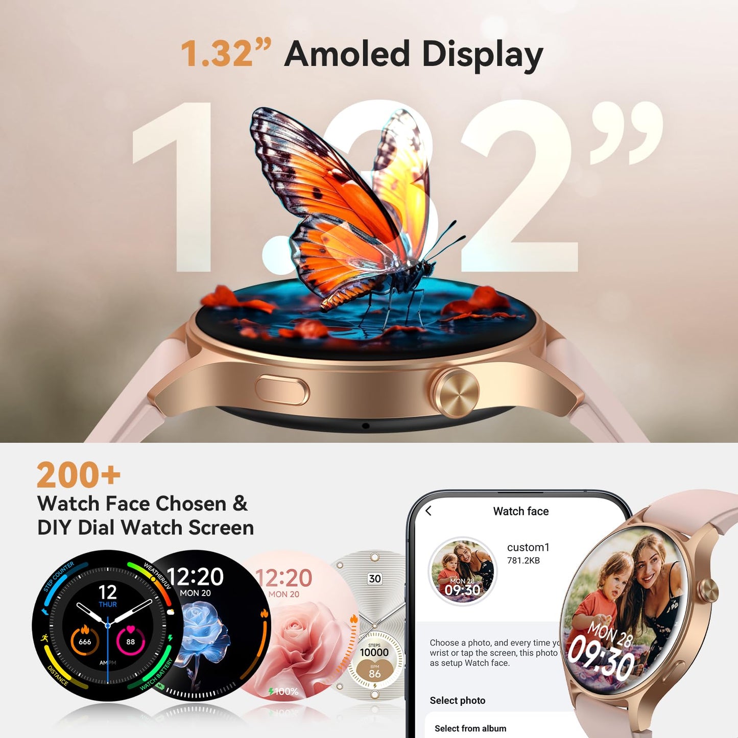 aeac Smart Watch for Women, AMOLED Ultra-Clear Screen Activity Trackers with Heart Rate/Sleep/SpO2 Monitor, Waterproof Fitness Smartwatch for iPhone/Samsung/Android（Pink Gold）