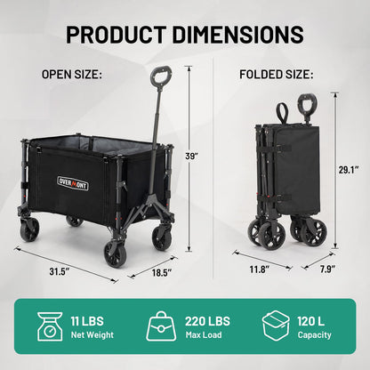 Overmont 3-in-1 Collapsible Wagon Cart, Ultra-Compact Foldable Wagon for SUV Trunk & Apartment Storage, Lightweight 120L Utility Cart with Dual Side Opening for Grocery, Camping & Sports OVERMONT