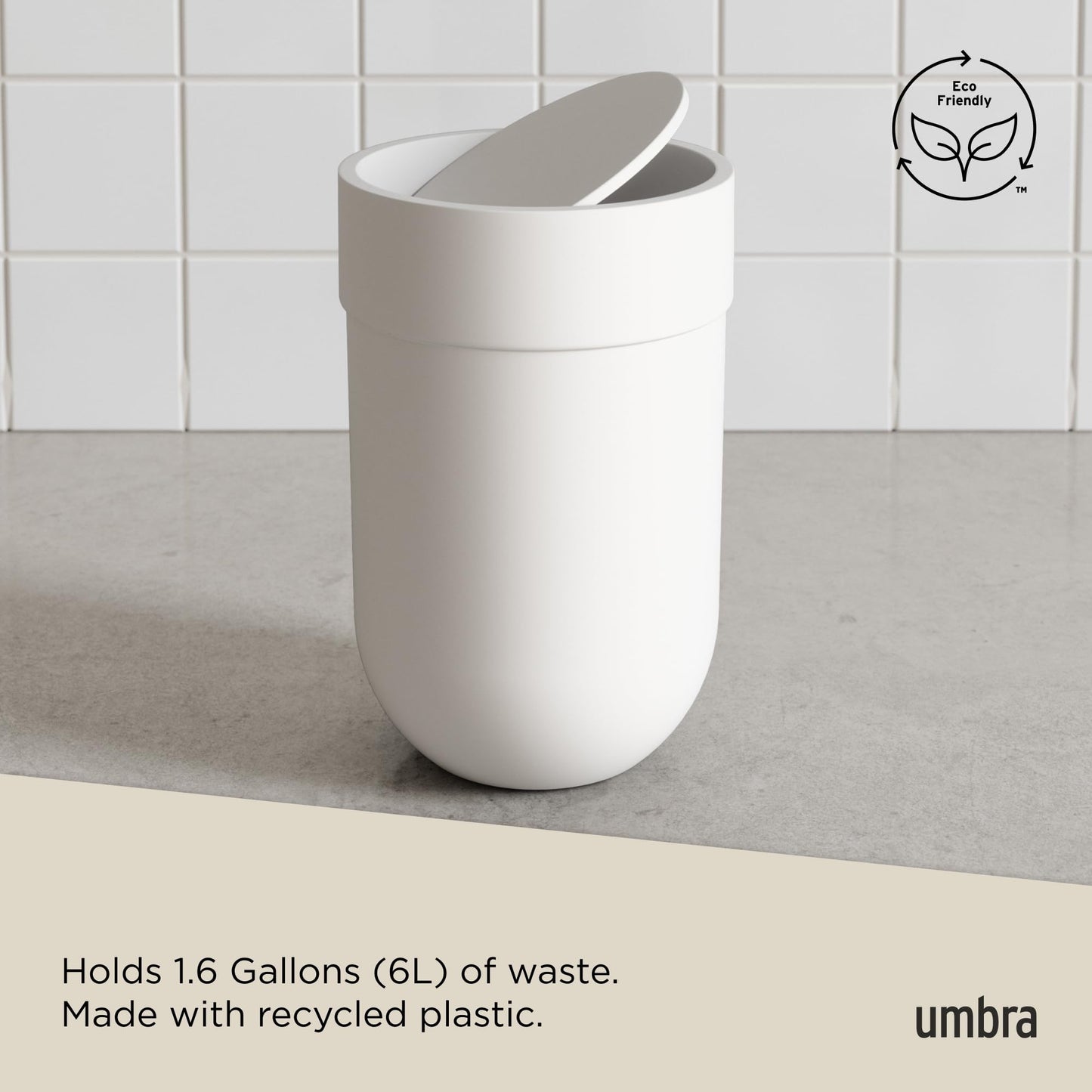 Umbra Touch Trash Can, Small 1.6-Gallon Garbage Bin with Swing Lid, Waste Basket for Bathroom or Office, White Umbra