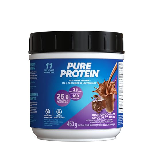 Pure Protein Whey Powder - High Protein (25 g/scoop), Low Sugar (2 g/scoop), Gluten Free - Fast-Acting Formula, Chocolate, 453g - Available at All In One Marketplace Canada