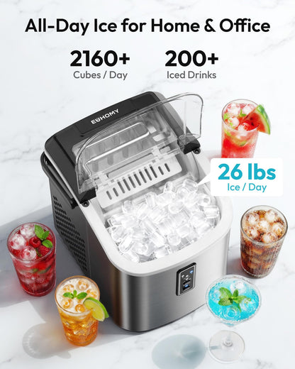 EUHOMY Ice Maker Countertop, 9 Cubes Ready in 6 Mins, 26lbs/24H, Self-Cleaning, Portable Ice Maker Machine with Carry Handle, Basket and Scoop, 2 Sizes of Bullet Ice for Home, Kitchen, Office - Available at All In One Marketplace Canada