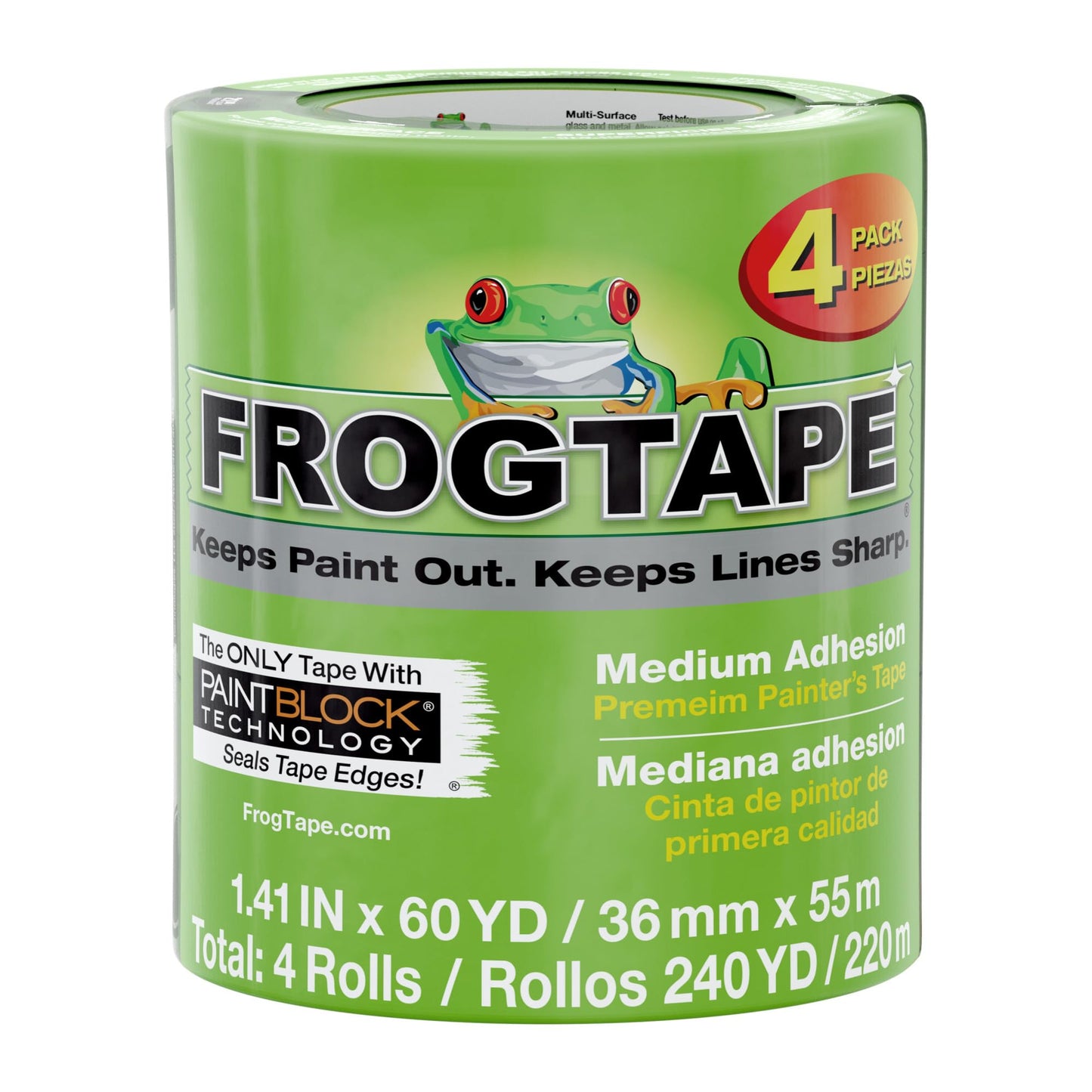 FROGTAPE Multi-Surface Painter's Tape with PAINTBLOCK, Medium Adhesion, 1.41 Inches x 60 Yards, Green, 4 Rolls (240660) Frog Tape
