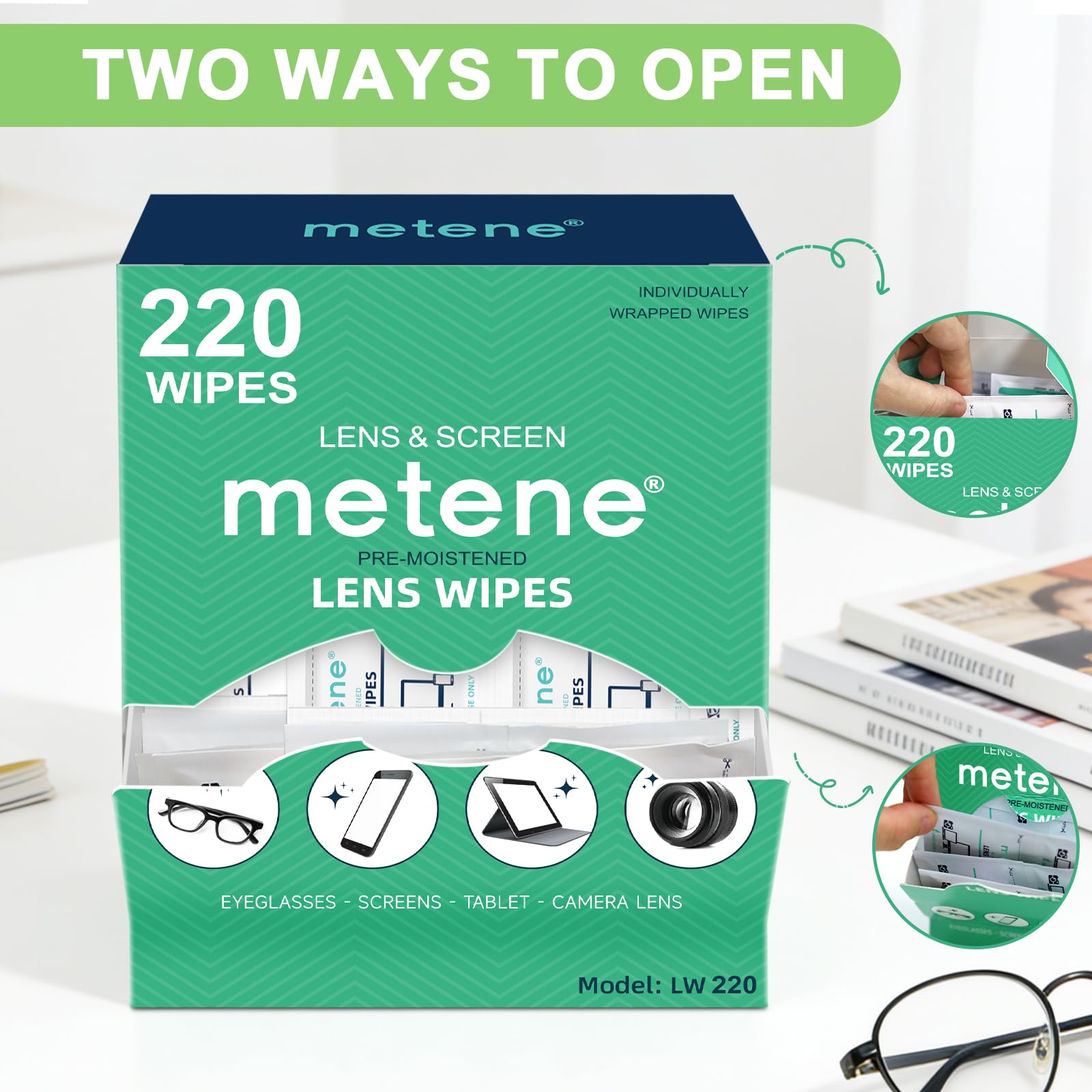Metene Lens Wipes, 220 Pre-Moistened Individually Wrapped Glasses Wipes - Available at All In One Marketplace Canada