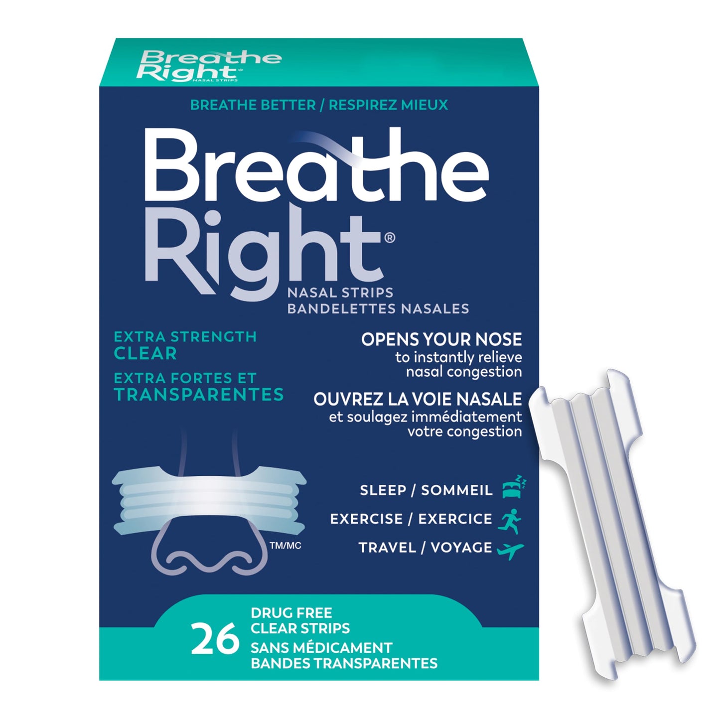 Breathe Right Nasal Strips, Extra Strength, Clear, Sensitive Skin, Drug-Free Snoring Solution & Nasal Congestion Relief Caused by Colds & Allergies, Nightly Sleep, 26 Count - Available at All In One Marketplace Canada