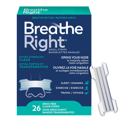Breathe Right Nasal Strips, Extra Strength, Clear, Sensitive Skin, Drug-Free Snoring Solution & Nasal Congestion Relief Caused by Colds & Allergies, Nightly Sleep, 26 Count - Available at All In One Marketplace Canada