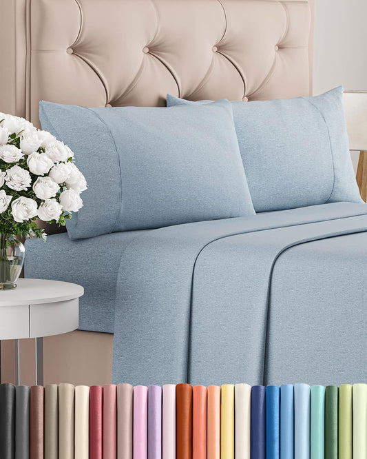 Queen Size 4 Piece Sheet Set - Comfy Breathable & Cooling Sheets - Hotel Luxury Bed Sheets for Women & Men - Deep Pockets, Easy-Fit, Soft & Wrinkle Free Sheets - Heathered Blue Oeko-Tex Bed Sheet Set