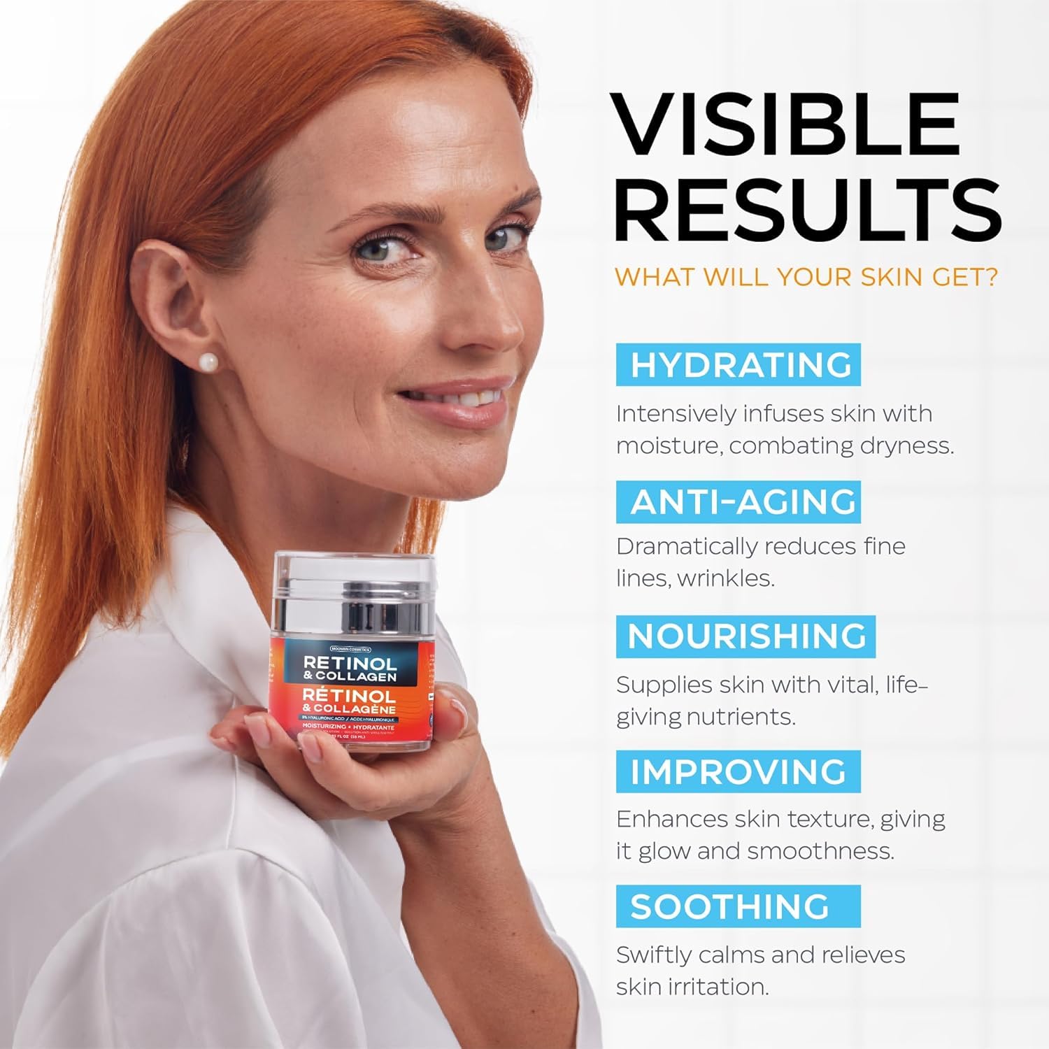 Retinol Cream for Face with Hyaluronic Acid, Collagen Day & Night Moisturizer for Women and Men, Age Solution Cream, 1.85 Oz