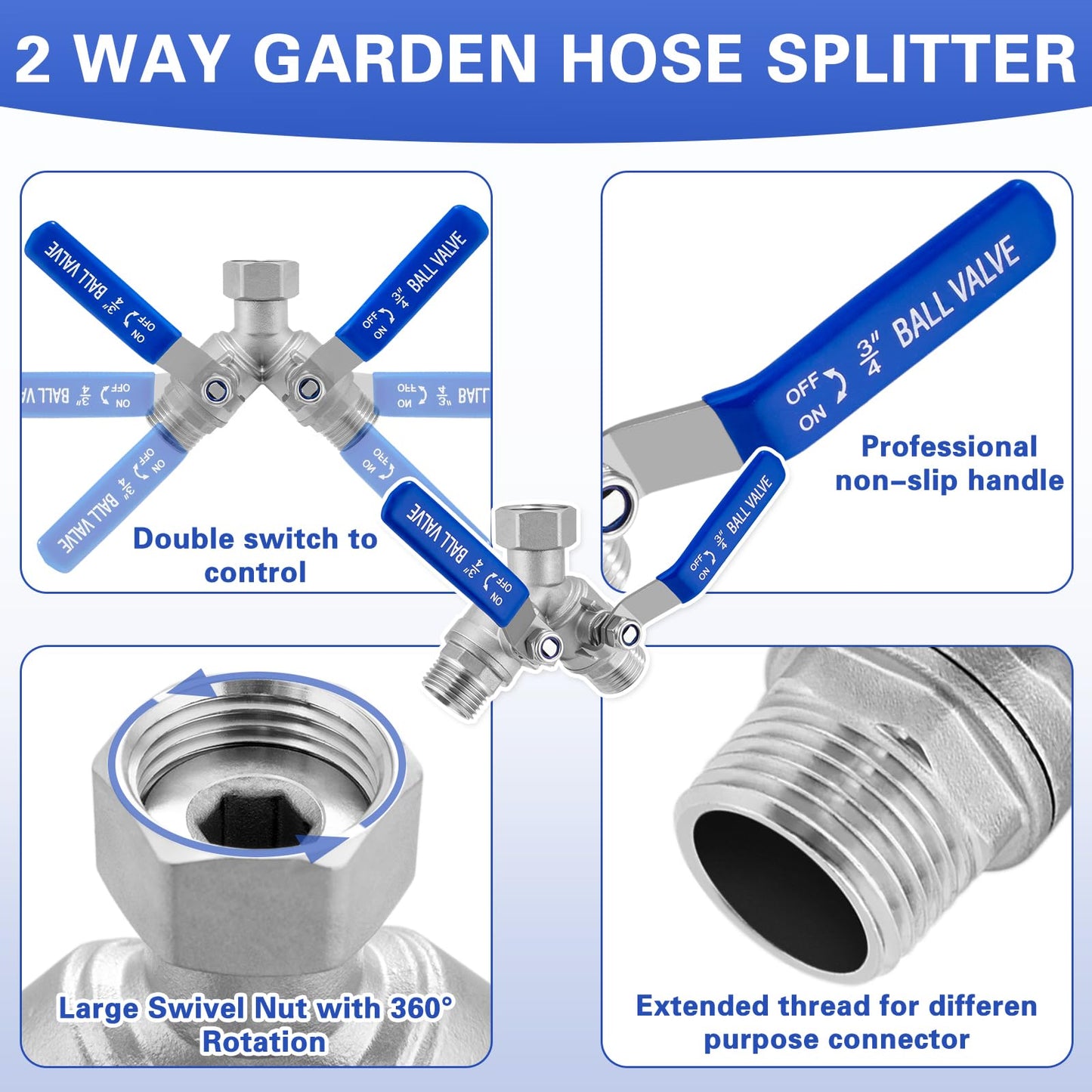 Garden Hose Splitter 2 Way, 304 Stainless Steel Heavy Duty Water Hose Splitter with Long Handle, 3/4" GHT Thread Y Valve Water Garden Hose Tap Adapter, Full Flow Water Splitter Connector